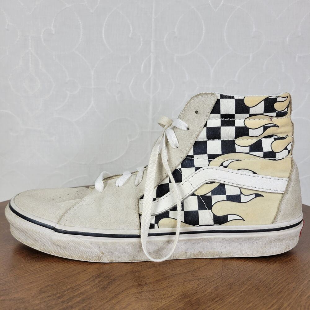 Vans Unisex Sk8 Hi Womens 9.5 Skate Cream Suede Checker‎ Flame Classic Sneaker